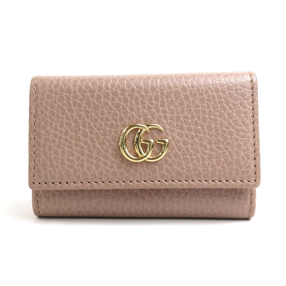 Gucci GG Marmont Key Case Leather Metal Greige Gray Gold
